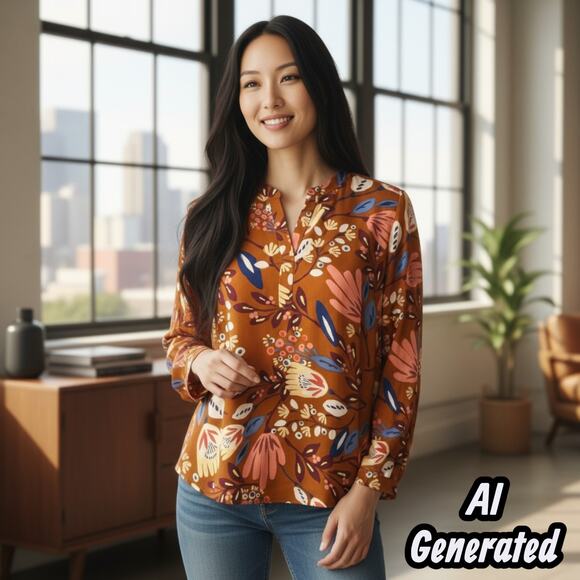 Daniel Rainn (M) Floral Notch Neck Blouse Long Sleeve Roll Tab High Low Hem Top - Picture 6 of 10